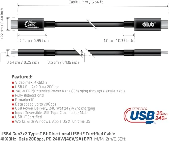 Club 3D CAC-1575 USB4 Gen3x2 Tip C - Tip C Çift Yönlü Kablo, 240W Şarj, 20Gbps Veri İletimi ve 4K60Hz Video 2m Destekler - 6.56ft - Resim 4