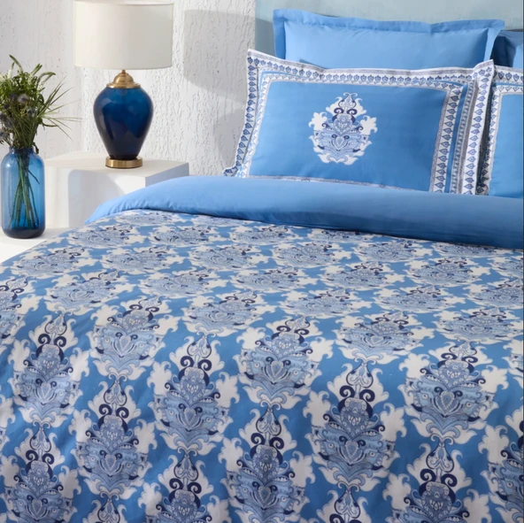 Karaca Home Casandra %100 Pamuk Çift Kişilik Nevresim Takımı Mavi - Resim 3