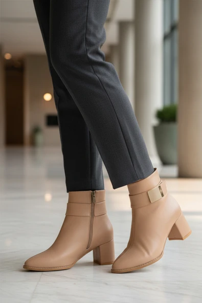 Ayakmod Bej Dar Kalıp Streç Bilek Boy Sivri Burun Polarlı Topuklu Kadın Bot 262326 Z - 3