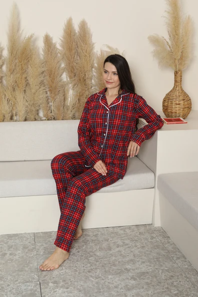 Kadın Pijama Takımı-Ekose Desenli - Pat Yakalı-Düğmeli 12284 - 1