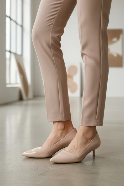 Ayakmod Bej Rugan Hafif Kadın İnce Kısa Topuklu Ayakkabı 458343 Z - 3