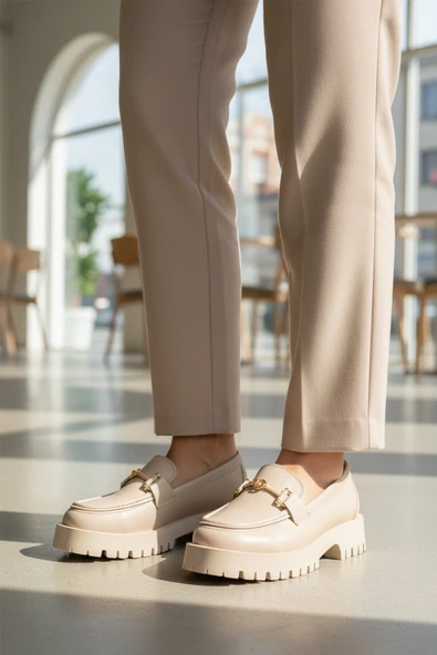 Ayakmod Bej Cilt Kalın Taban Kadın Casual Ayakkabı 547825 Z - Resim 3