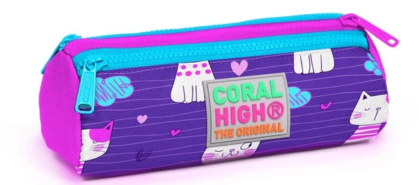 Coral High Kids Kedi Desenli Üç Bölmeli Kalem Çantası - Kız