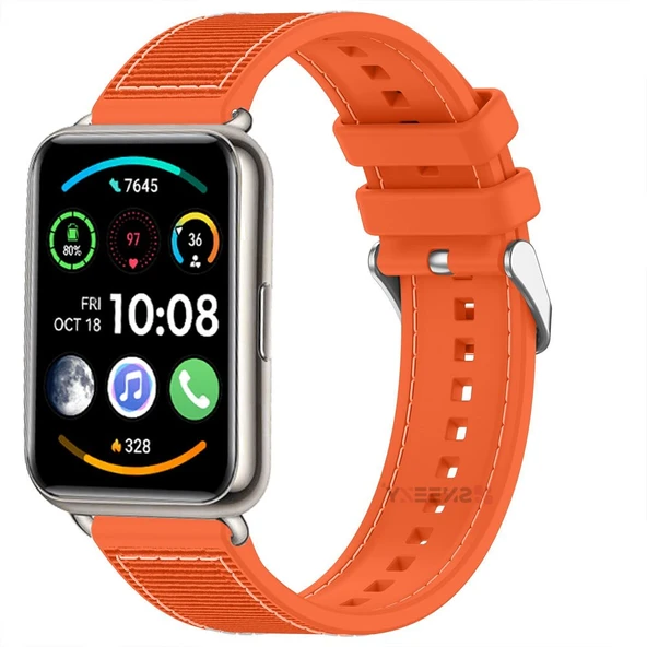 Sneezy Huawei Watch Fit 2 İle Uyumlu Dikiş Desenli Dokuma Silikon Kordon  Turuncu ürün görseli 1