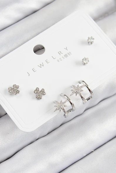 Pirinç Zirkon Taşlı Kutup Yıldızı Model Gümüş Renk 925 Ayar Gümüş Çivi Kadın Küpe Set - TJ-BKP11167 ürün görseli