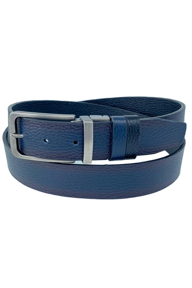 Çift Taraflı Hakiki Deri 3.5 cm.lik Klasik Dönerli Tokalı Kemer Lacivert/Siyah - XD-300-805-ST - Resim 5