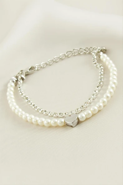 Kalp Şerit Taşlı İnci Bileklik - Resim 2