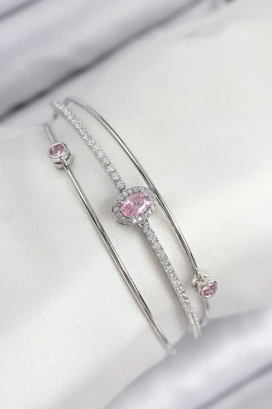 Pirinç Zirkon Taşlı Baget Model Gümüş Renk Kadın Bileklik - TJ-BB7864 ürün görseli