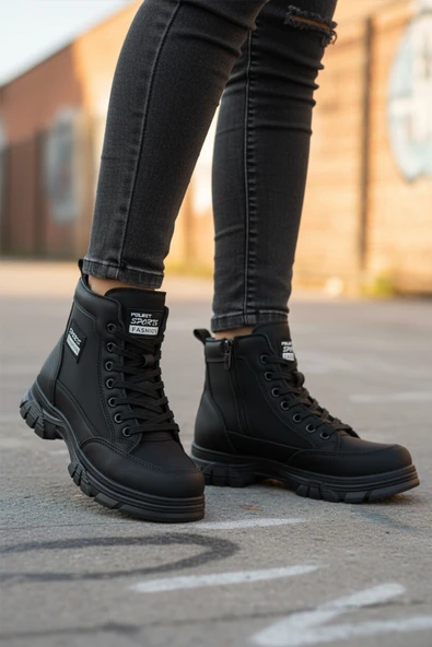 Ayakmod Siyah Nubuk İçi Kürklü Kaymaz Taban Fermuarlı Bağcıklı Kadın Bot 24090 Z - Resim 3