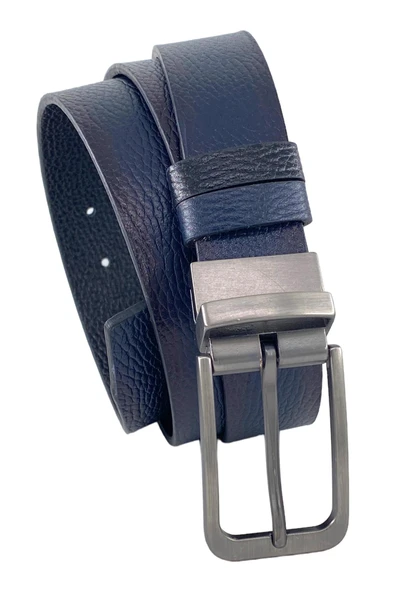 Çift Taraflı Hakiki Deri 3.5 cm.lik Klasik Dönerli Tokalı Kemer Lacivert/Siyah - XD-300-805-ST - Resim 2