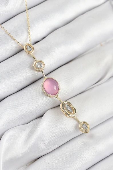 Pirinç Zincir Pembe Gold Renk Zirkon Taşlı Y Kolye - TJ-BKO10554 ürün görseli