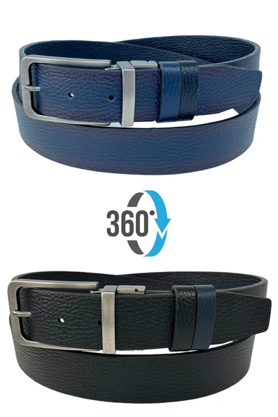 Çift Taraflı Hakiki Deri 3.5 cm.lik Klasik Dönerli Tokalı Kemer Lacivert/Siyah - XD-300-805-ST ürün görseli