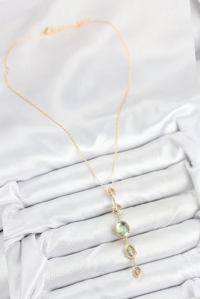 Pirinç Zincir Yeşil Gold Renk Zirkon Taşlı Y Kolye - TJ-BKO10557 - Resim 2