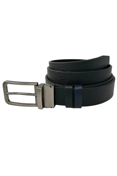 Çift Taraflı Hakiki Deri 3.5 cm.lik Klasik Dönerli Tokalı Kemer Lacivert/Siyah - XD-300-805-ST - Resim 8