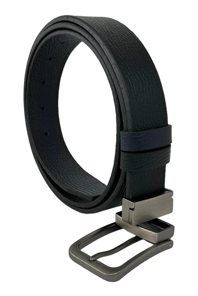 Çift Taraflı Hakiki Deri 3.5 cm.lik Klasik Dönerli Tokalı Kemer Lacivert/Siyah - XD-300-805-ST - Resim 9