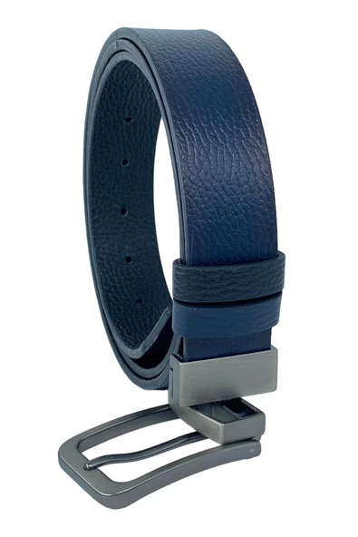 Çift Taraflı Hakiki Deri 3.5 cm.lik Klasik Dönerli Tokalı Kemer Lacivert/Siyah - XD-300-805-ST - Resim 10