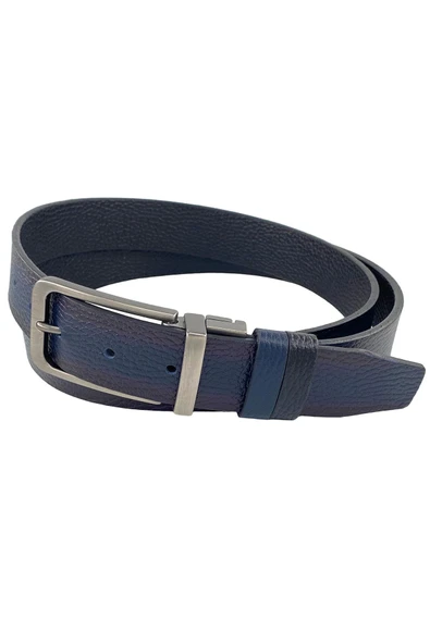 Çift Taraflı Hakiki Deri 3.5 cm.lik Klasik Dönerli Tokalı Kemer Lacivert/Siyah - XD-300-805-ST - Resim 11