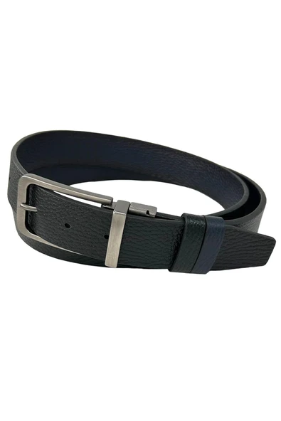 Çift Taraflı Hakiki Deri 3.5 cm.lik Klasik Dönerli Tokalı Kemer Lacivert/Siyah - XD-300-805-ST - Resim 12