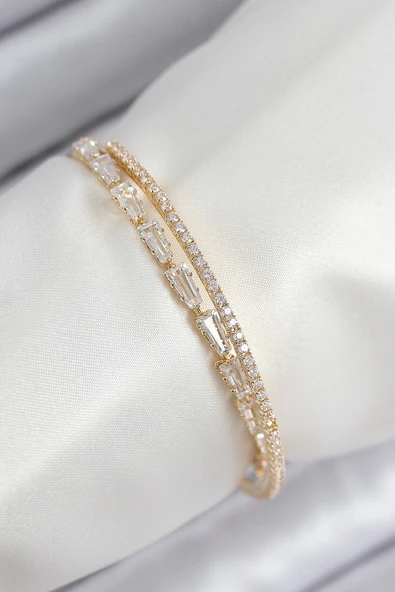 Pirinç Zirkon Taşlı Su Yolu Model Gold Renk Kadın Bileklik - TJ-BB7881 ürün görseli