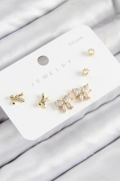 Pirinç Zirkon Taşlı Fiyonk Model Gold Renk 925 Ayar Gümüş Çivi Kadın Küpe Set - TJ-BKP11174 ürün görseli 1