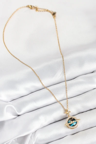 316L Çelik Zirkon Taşlı Gezegen Model Gold Renk Kadın Kolye - TJ-BKO10508 - Resim 2
