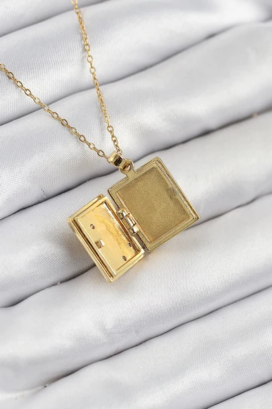 316L Çelik Zirkon Taşlı Açılabilr Kapaklı Kitap Model Gold Renk Kadın Kolye - TJ-BKO10515 - 2