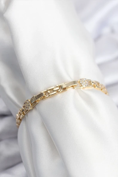 Pirinç VIP Seri Gold Renk Zincir Model Kalpli Zirkon Taşlı Kadın Bileklik - TJ-BB7929 - Resim 2