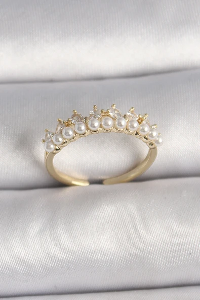 Pirinç Gold Renk Zirkon Taşlı İncili Taç Model Ayarlanabilir Kadın Yüzük - TJ-BYK3576 ürün görseli