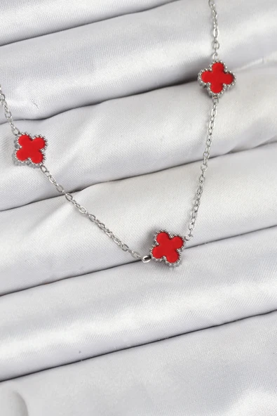 316L Çelik Zincir Gümüş Renk Kırmızı Baby Boy Yonca Kadın Kolye - TJ-BKO10581 ürün görseli