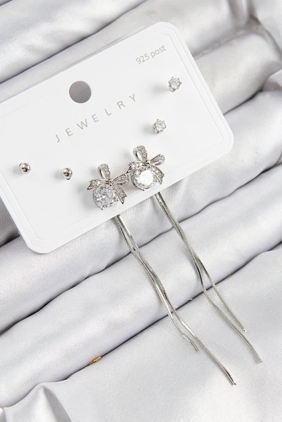 Pirinç Zirkon Taşlı Sallantılı Fiyonk Model Gümüş Renk 925 Ayar Gümüş Çivi Kadın Küpe Set - TJ-BKP11169 ürün görseli