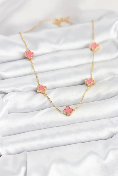 316L Çelik Zincir Gold Renk Pembe Baby Boy Yonca Kadın Kolye - TJ-BKO10572 - Resim 2