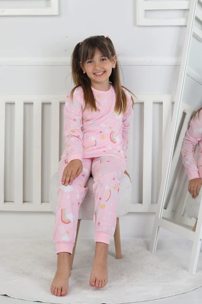 Cute Dreams Pattern Uzun Kollu Kız Çocuk Pijama Takımı - 9