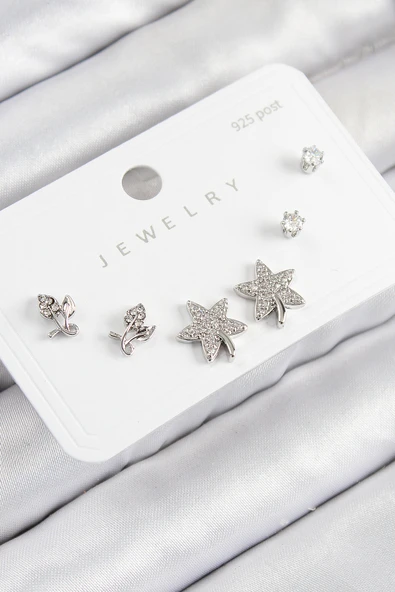 Pirinç Zirkon Taşlı Yıldız Ve Gül Model Gümüş Renk 925 Ayar Gümüş Çivi Kadın Küpe Set - TJ-BKP11179 ürün görseli 1