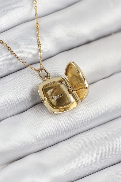 316L Çelik Zirkon Taşlı Açılabilr Kapaklı Göz Model Gold Renk Kadın Kolye - TJ-BKO10518 - Resim 2