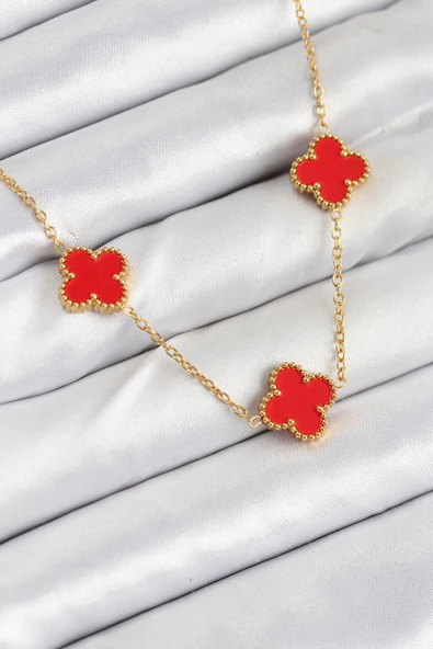 316L Çelik Zincir Gold Kırmızı Renk Yonca Kadın Kolye - TJ-BKO10585 ürün görseli