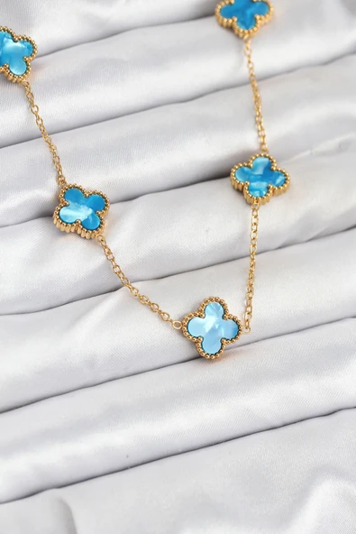 316L Çelik Zincir Gold Buz Mavisi Renk Yonca Kolye - TJ-BKO10566 ürün görseli