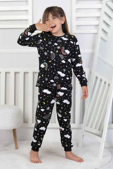 Cute Dreams Pattern Uzun Kollu Kız Çocuk Pijama Takımı - 11
