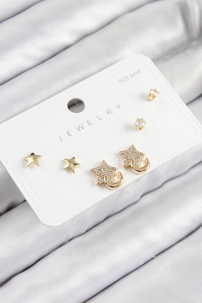 Pirinç Zirkon Taşlı Yıldız Model Gold Renk 925 Ayar Gümüş Çivi Kadın Küpe Set - TJ-BKP11178 ürün görseli