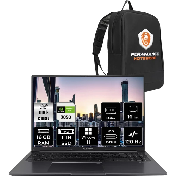Vivobook 16X Intel Core I5 12450H 16GB 1tb SSD RTX3050 16'' Fhd+ W11P Taşınabilir Bilgisayar K3605ZC-N1013W & Per4 Çanta N1013WP105 ürün görseli