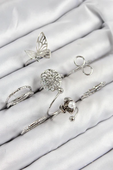 Pirinç Gül Kelebek Model Gümüş Renk Kadın Yüzük Kombin Set - TJ-BYK3810 ürün görseli