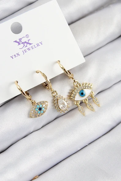 Pirinç Zirkon Taşlı 3'lü Fatma'nın Gözü Model Gold Renk Kadın Küpe - TJ-BKP11146 ürün görseli 1