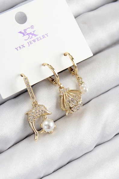 Pirinç Zirkon Taşlı 3'lü Yunus Balığı Ve İstiridye Model Gold Renk Kadın Küpe - TJ-BKP11139 ürün görseli