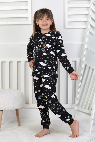 Cute Dreams Pattern Uzun Kollu Kız Çocuk Pijama Takımı - 12