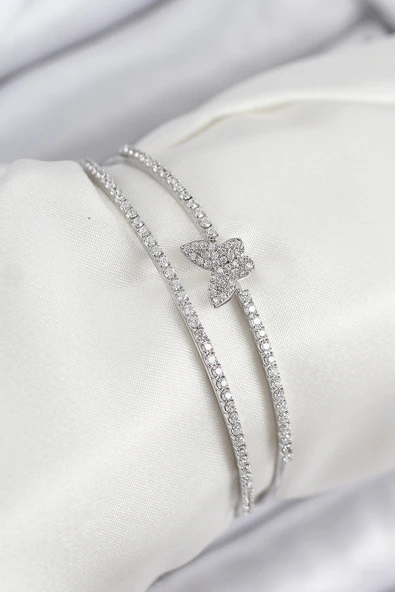 Pirinç Zirkon Taşlı Kelebek Model Gümüş Renk Kadın Bileklik - TJ-BB7892 ürün görseli