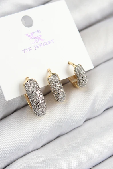 Pirinç Zirkon Taşlı 3'lü Halka Model Gold Ve Gümüş Renk Kadın Küpe - TJ-BKP11148 ürün görseli 1