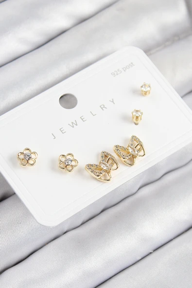 Pirinç Zirkon Taşlı Kelebek Model Gold Renk 925 Ayar Gümüş Çivi Kadın Küpe Set - TJ-BKP11182 ürün görseli