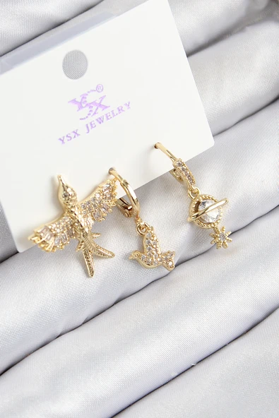 Pirinç Zirkon Taşlı 3'lü Kuş Model Gold Renk Kadın Küpe - TJ-BKP11133 ürün görseli 1