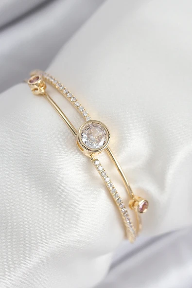 Pirinç Zirkon Taşlı Pırlanta Model Gold Renk Kadın Bileklik - TJ-BB7879 ürün görseli