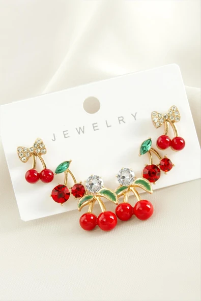 6 Adet Kiraz Mineli Tektaş Küpe ürün görseli 1