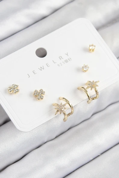 Pirinç Zirkon Taşlı Kutup Yıldızı Model Gold Renk 925 Ayar Gümüş Çivi Kadın Küpe Set - TJ-BKP11168 ürün görseli